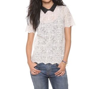 Madewell ivory lace tee/black faux leather collar